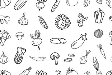 Seamless pattern of vegetables in doodle style. Mushrooms, carrots, pumpkin, pepper, cucumber, tomato and other healthy food. Vector illustration EPS10. Hand drawn. Isolated on white background