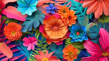Bright neon colored paper art floral collage with different flowers.