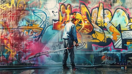 Cleaner worker washing graffiti wall, graffiti remover, vandalism, street art problem.
