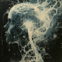 The image is a dark and moody portrait of a woman. Her face is obscured by a swirling mass of dark energy and white light.