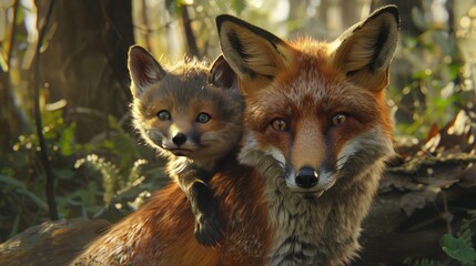 Obraz premium an adult fox tenderly carrying its cub on its back, illustrating the nurturing bond and teamwork innate to their natural habitat, set against a backdrop of sunlit grasslands, nature-inspired style.