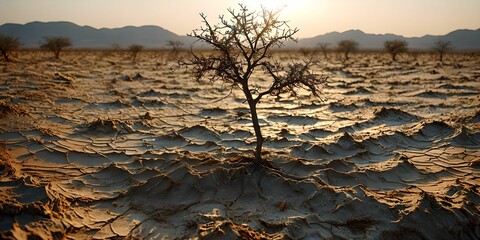 wallpaper representing a landscape of desolation due to global warming. We can see a dry tree planted in the middle of a desert.