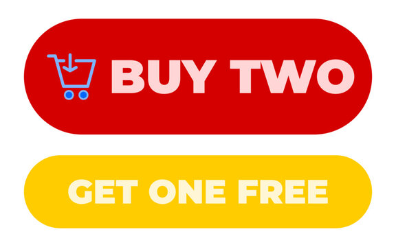 Buy two with shopping icon on red flat button. get one free on yellow flat button. isolated on white background. vector illustration.