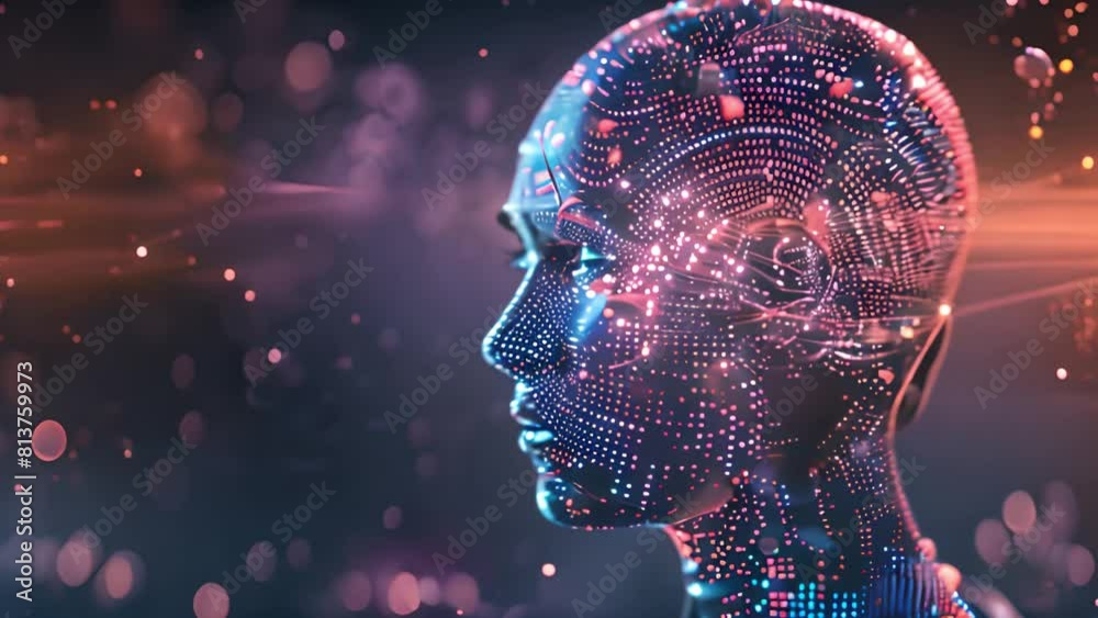 Poster A graphic representation of a human head formed by digital networks, symbolizing advanced artificial intelligence and technology.