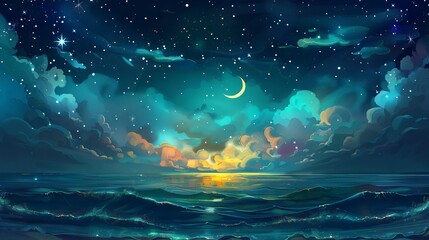 Fairytale magical sky with stars and moon. Gentle ocean waves on the bottom. Mystery scene for stargazers for mobile web, labels and adds. Vibrant teal, blue and yellow colors.