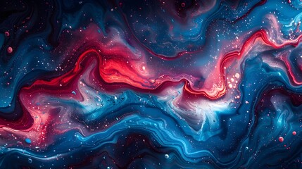 Dynamic Blue and Red Fluid Art Pattern Expressive Color Scheme of Swirling Liquid Design