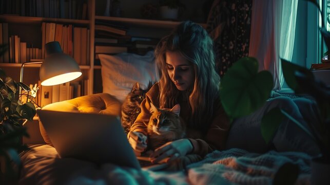 creative home work space  work from home concept  girl with cat : Generative AI