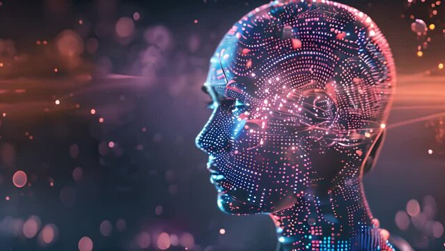 A graphic representation of a human head formed by digital networks, symbolizing advanced artificial intelligence and technology.