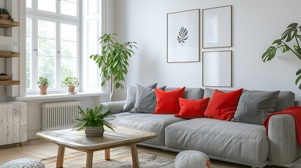 A cozy corner in the living room with a grey sofa and red pillows a wooden coffee table white walls and natural light 