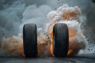 Two tires are on fire and surrounded by a cloud of smoke. The tires are in the middle of a road and...