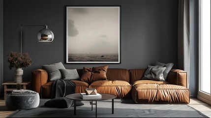 Gray living room interior, brown sofa and poster 