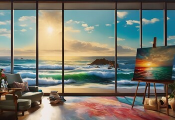 AI generated illustration of an artist's room with expansive windows overlooking the ocean