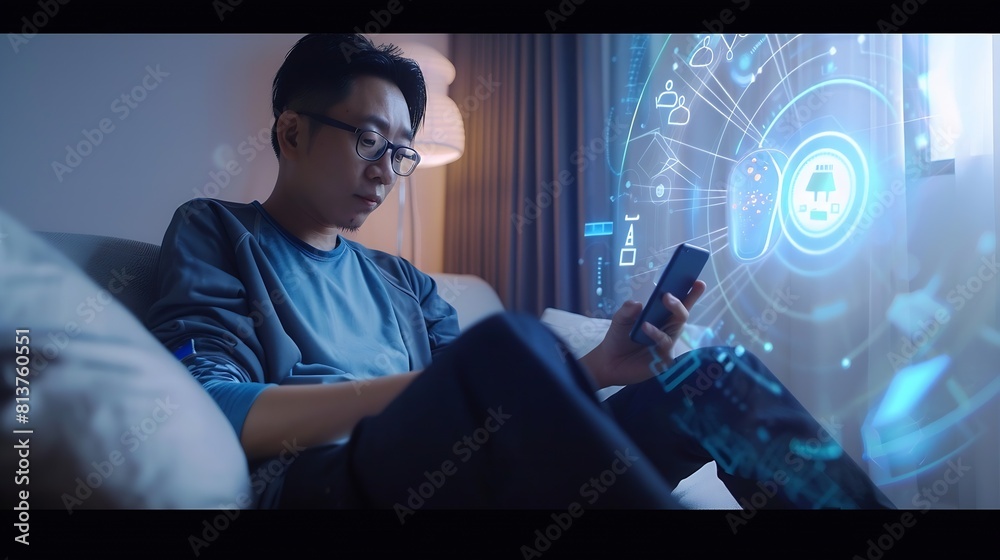 Fototapete asian man sitting on sofa and using smart home control app on mobile phone with augmented reality view of IOT connected objects in apartment : Generative AI