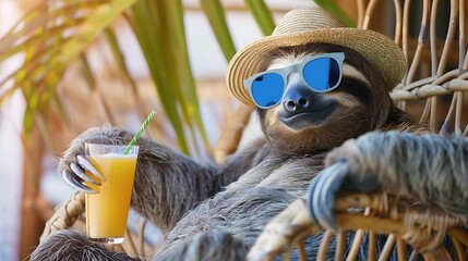 Naklejka premium A cute sloth wearing blue sunglasses and a straw hat is sitting in an outdoor wicker chair holding a glass of juice with both hands 