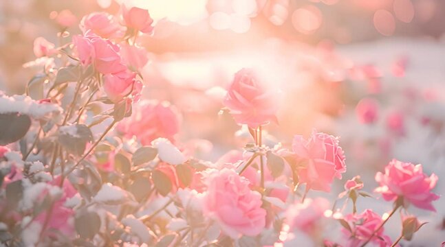 Pink roses covered in snow on an blur background
