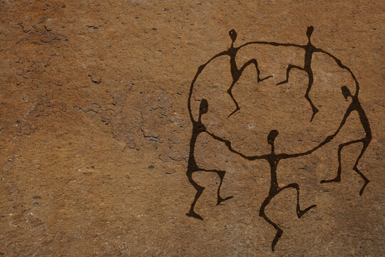 sun worshipers. scene with five men performing ritual dancing. mural inscribed dance under sun disk. Wild dances ofs, africans dance around fire. shaman perform rituals as in ancient times