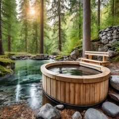 a Nordic bath positioned in harmony with the beauty of a serene forest landscape.