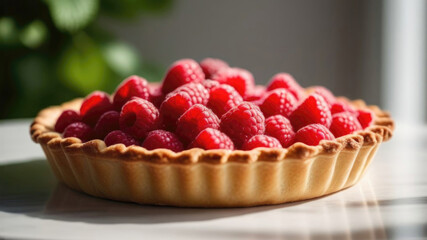 Food photography of raspberry pie on white table, homemade vitamin cake with fresh berries, close-up, soft focus, cinematic style