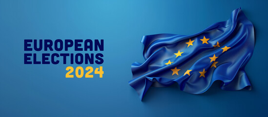 Elegant, flowing European Union flag on a monochrome blue background, symbolizing unity and democracy for the 2024 elections