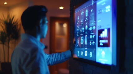 Smart home technology wall system and couple with digital dashboard for air conditioning safety security network or house automation App software ui panel and Asian people programming  : Generative AI