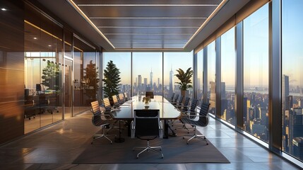 Modern office interior with a long meeting table, chairs, and city view through large windows. 