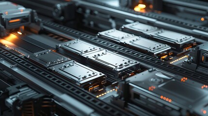 Battery modules on a conveyor belt, industrial manufacturing concept, on a dark background.