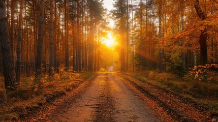 A road in a forest with a sun shining through the trees