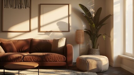 Warm and cozy interior of living room space with brown sofa pouf beige carpet lamp mock up poster frame decoration plant and coffee table Cozy home decor Template : Generative AI