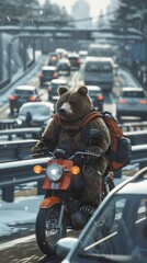 cheerful teddy bear riding motorbike in a city, AI generated