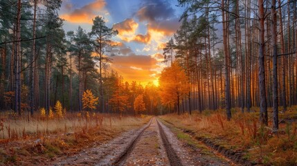 Obraz premium A road in the woods with a sunset in the background. The road is muddy and the trees are orange