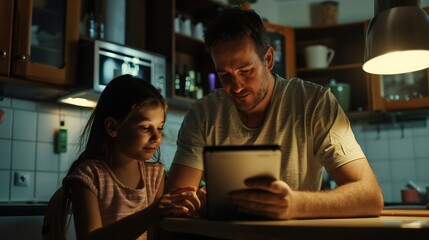 Father sharing tablet pc with daughter in kitchen : Generative AI