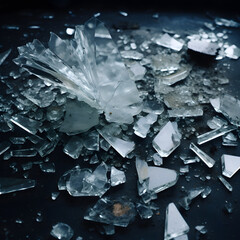 Broken glass with sharp pieces on black background.	