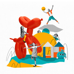 Monochrome image of little boys and girls, kids player with colorful toys, having fun. Contemporary...