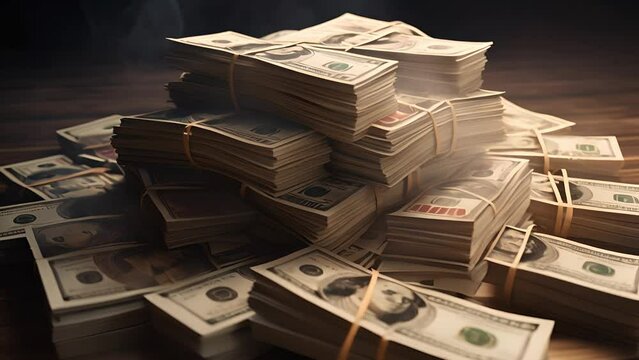 Dollars. Pile from packs of money, Dollar banknotes heap, Money Pile of packs of hundred dollar bills stacks, business trading	