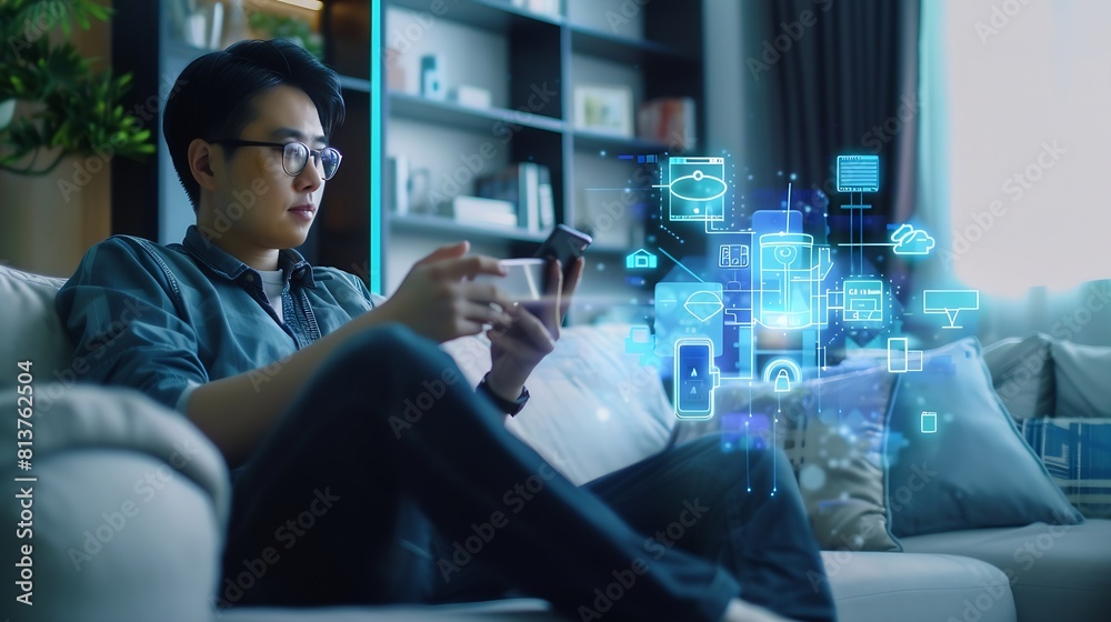 Aufkleber asian man sitting on sofa and using smart home control app on mobile phone with augmented reality view of IOT connected objects in apartment : Generative AI