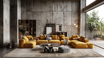 A large cozy living room with an oversized beige and mustard yellow sofa surrounded by grey concrete walls 