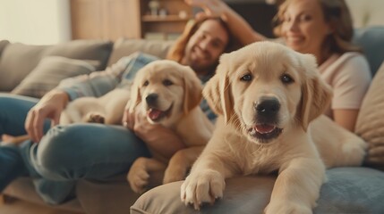 Happy family on sofa and puppy in living room : Generative AI