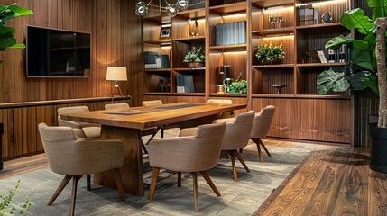 Stylish wooden meeting room interior with table and armchairs, shelf 