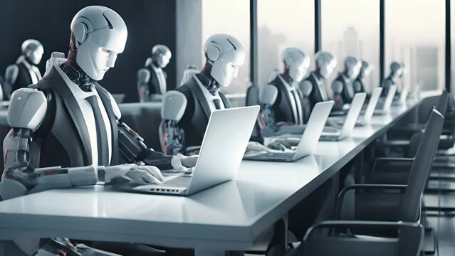 Robot humanoid use laptop and sit at table in modern desk with multiple computer screens while using AI thinking brain, artificial intelligence and machine learning process	
