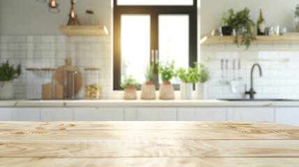 Empty beautiful wood table  top counter  and blur bokeh modern kitchen interior background in clean and brightBanner Ready for product montage : Generative AI