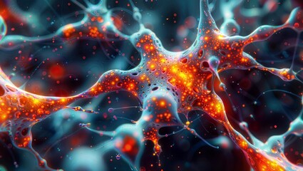 Abstract fractal artwork with fiery orange and blue glowing particles or neurons, resembling a nerve cell network or biotech concept, with cosmic or microscopic style.