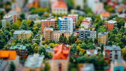 Tilt-shift miniature-style photo of a colorful model cityscape with various buildings and trees. 