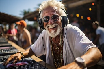 An old man in glasses and a beach outfit with corals behind a DJ console. - Powered by Adobe