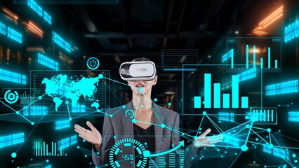 Woman reporter presenting news world market data rotating graph analysis VR future global innovation business interface digital infographic network technology virtual hologram at server. Contraption.