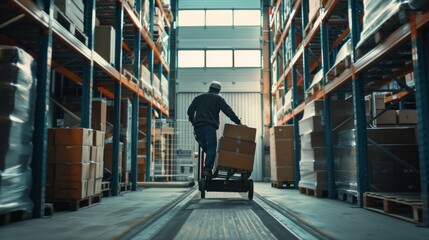 Obraz premium A worker is pushing a handcart stacked with boxes through the aisle of a large, well-organized warehouse, likely managing inventory or preparing for shipment.