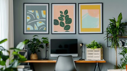 Patterned posters above desk with computer monitor in grey home office interior with plants : Generative AI