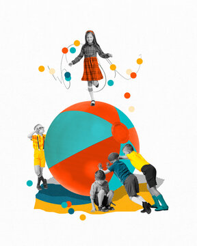 Happy children, boys ands girls playing with toys outdoor, friends having fun. Contemporary art collage. Concept of Happy Childrens Day, holiday, childhood. Poster, ad