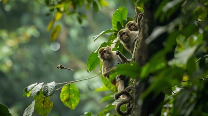 Naklejka premium Family of playful monkeys swinging from tree to tree, their antics bringing life to the dense jungle canopy.