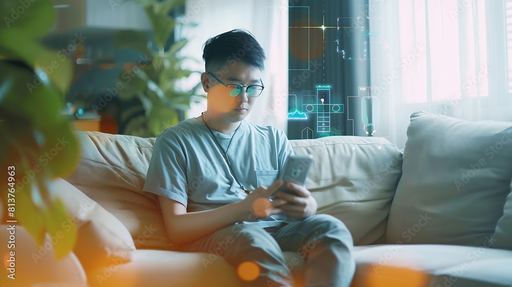 Aufkleber asian man sitting on sofa and using smart home control app on mobile phone with augmented reality view of IOT connected objects in apartment : Generative AI