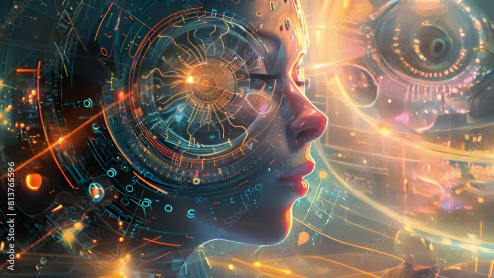 Poster a close-up of a womans face against a futuristic background, highlighting technology and modern aest